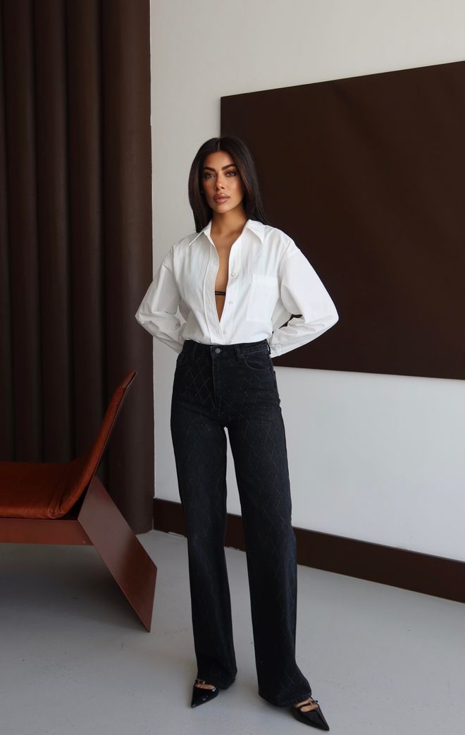 LACARINO Μαύρο Καρό Mom Jeans Με Φαρδιά Μπατζάκια Χονδρικό εμπόριο ενδυμάτων 1