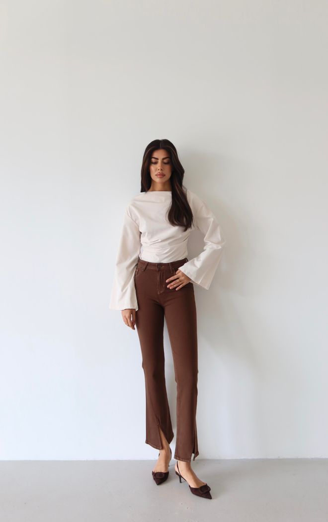 LACARINO High Waist Leg Cut Out Detailed Brown Jeans Wholesale Clothing 1