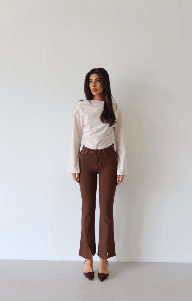 LACARINO High Waist Leg Cut Out Detailed Brown Jeans Wholesale Clothing Spring