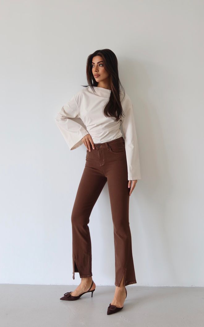 LACARINO High Waist Leg Cut Out Detailed Brown Jeans Wholesale Clothing Work