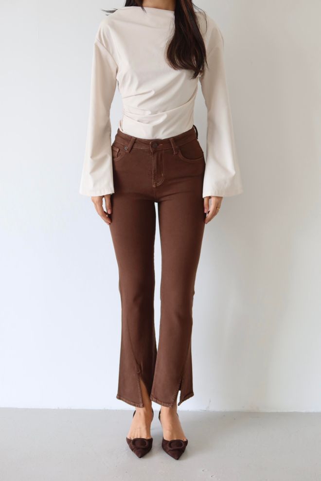 LACARINO High Waist Leg Cut Out Detailed Brown Jeans Wholesale Clothing 5