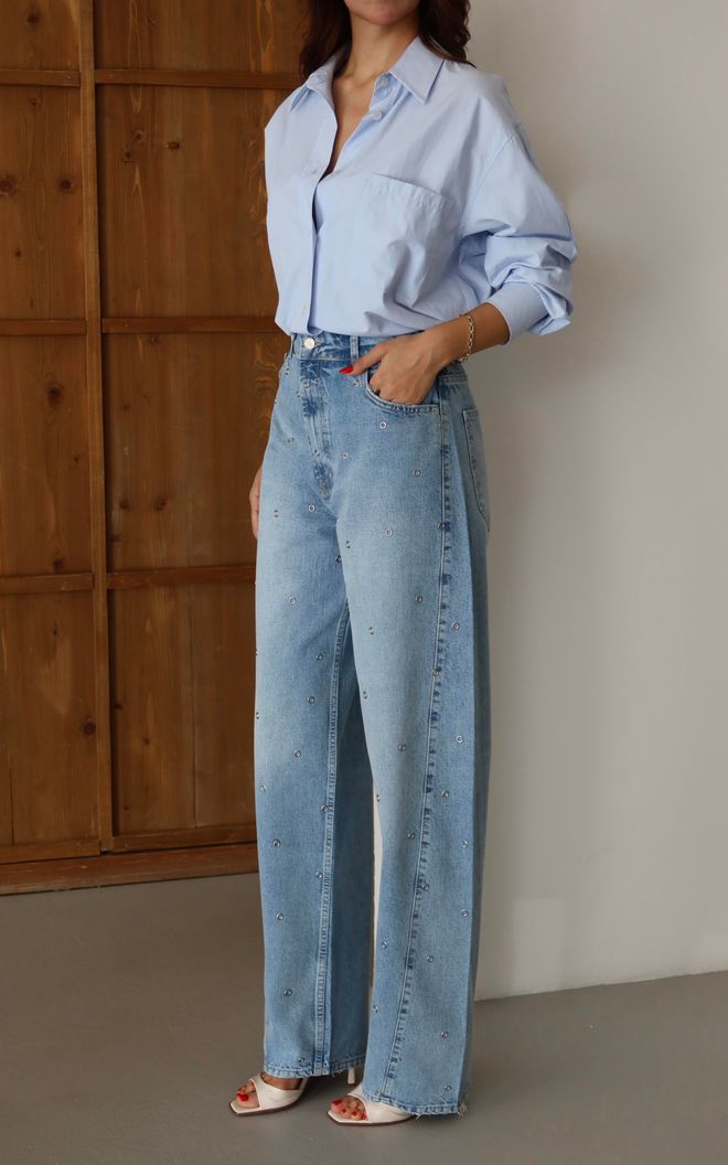 LACARINO Blauwe Vintage Mom Jeans Met Hoge Taille En Geknoopte Sluiting Groothandel Kleding Lounge