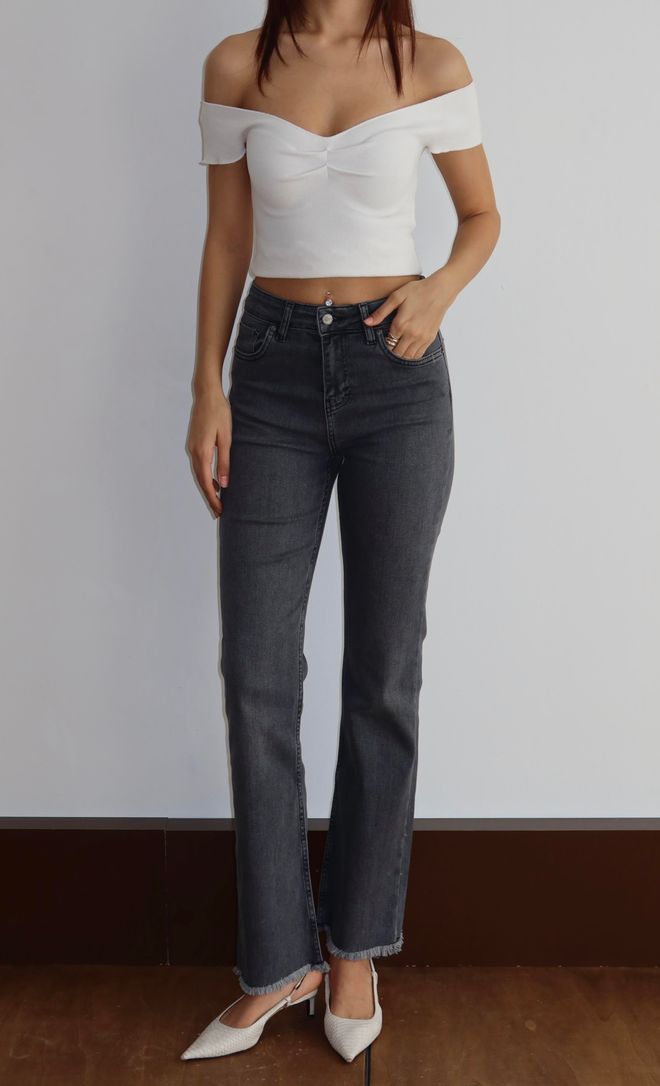 LACARINO Gri Mom Kot Pantolon Yüksek Bel Düz Paça Düğmeli Toptan Giyim Gündelik