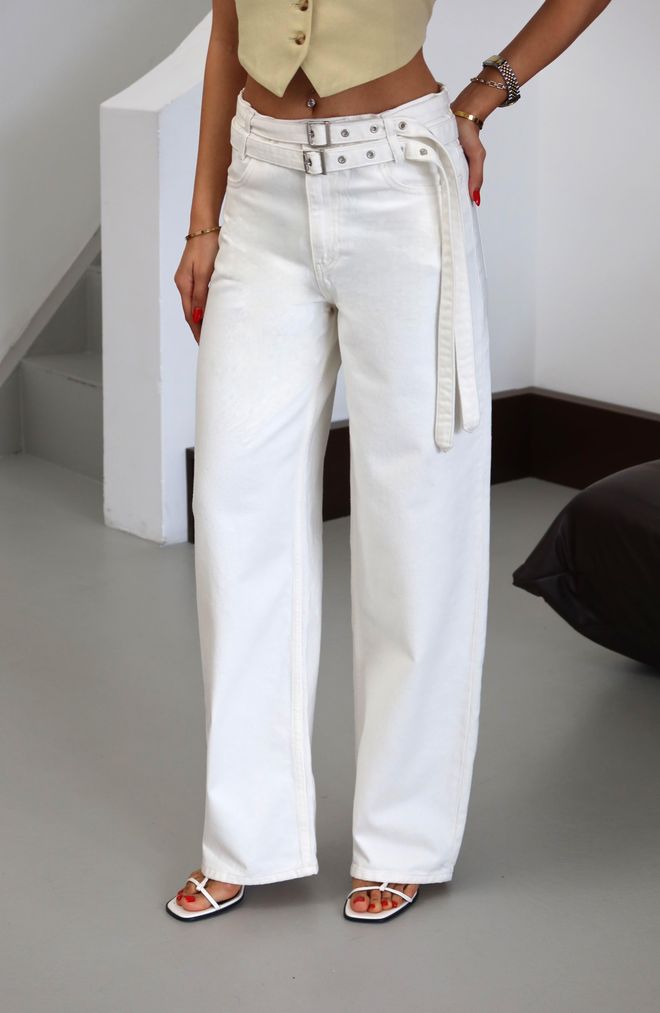 LACARINO Beyaz Kot Pantolon Palazzo Geniş Paça Yüksek Bel Düğmeli Toptan Giyim Gündelik