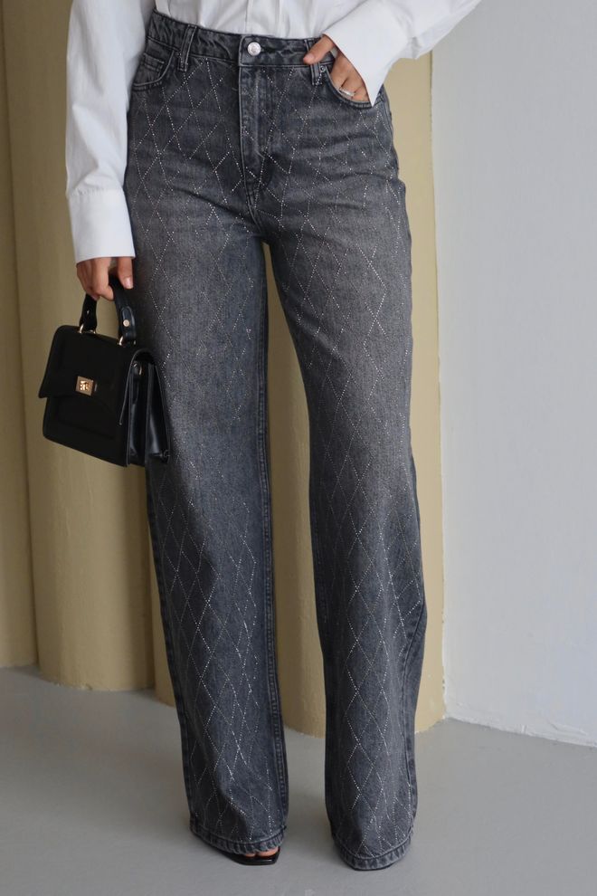 LACARINO High Waist Casual Cut Anthracite Baklava Pattern Stone Detailed Jeans Pants Wholesale Clothing Casual