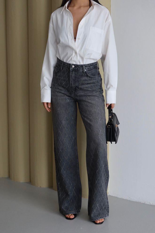 LACARINO Black Mom Jeans With Checkered Pattern Wholesale Clothing 5