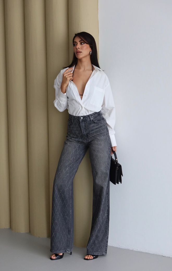 LACARINO Black Mom Jeans With Checkered Pattern Wholesale Clothing Work