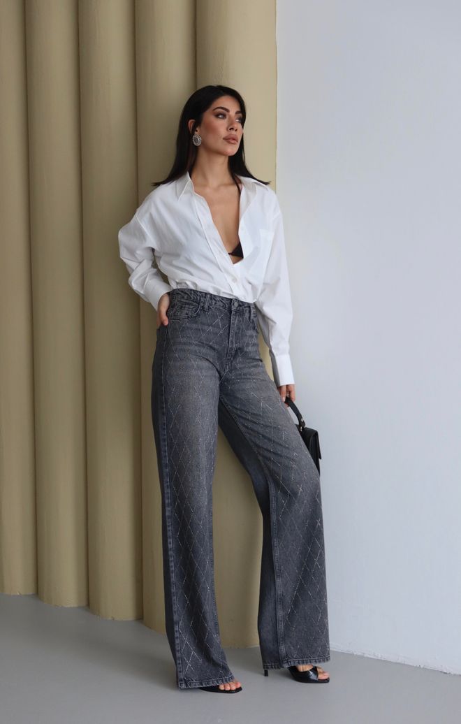 LACARINO Black Mom Jeans With Checkered Pattern Wholesale Clothing Spring