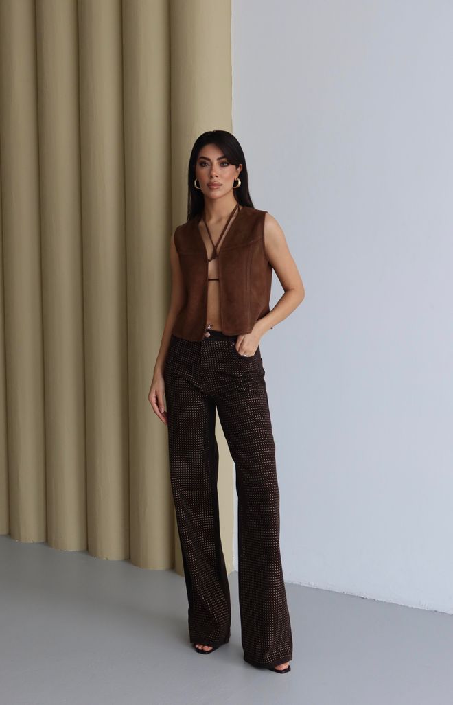 LACARINO Brown Mom Jeans With Polka Dot Flare Leg Wholesale Clothing Lounge