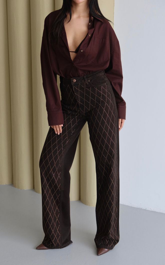 LACARINO Brown Checkered Mom Jeans With High Waist Wholesale Clothing Casual