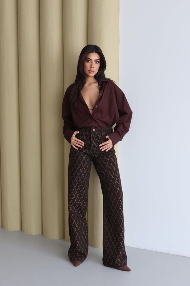 LACARINO Brown Checkered Mom Jeans With High Waist Wholesale Clothing Work