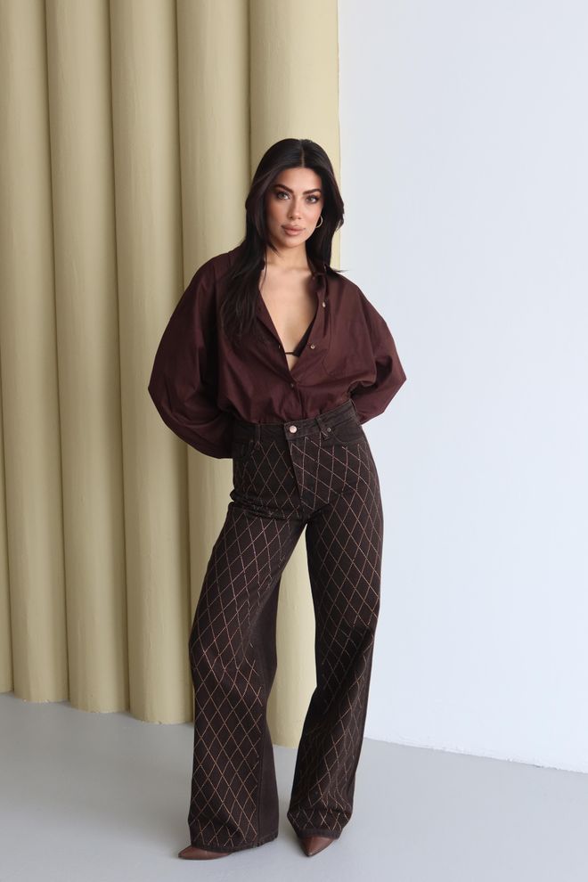 LACARINO Brown Checkered Mom Jeans With High Waist Wholesale Clothing Sexy