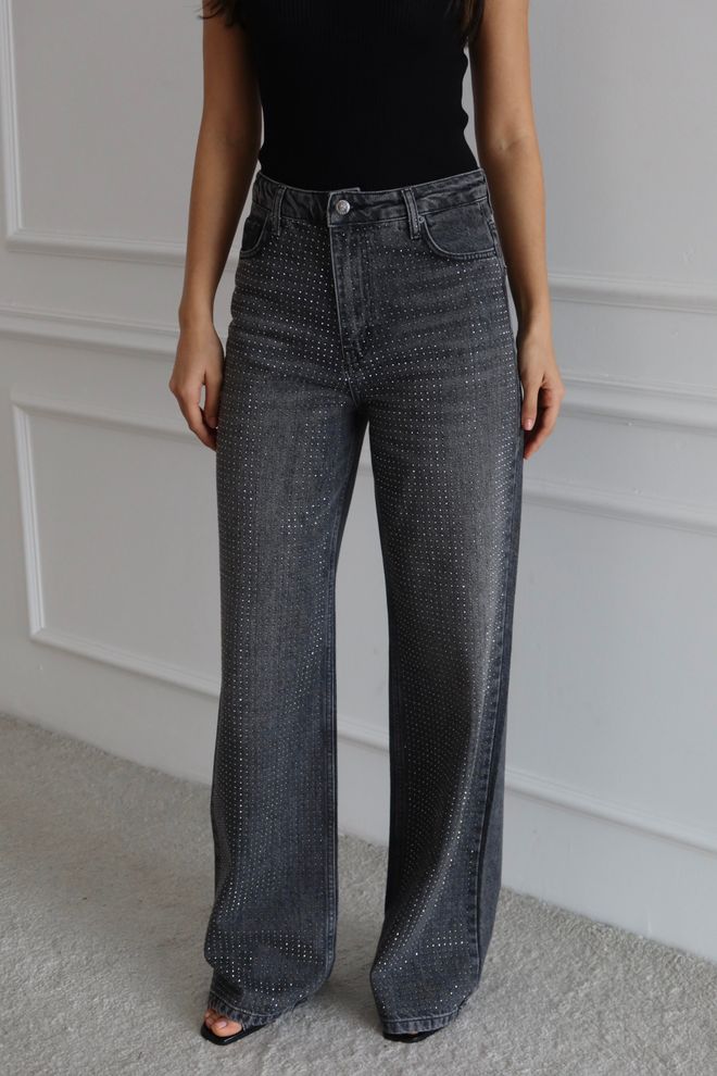 LACARINO Black Sequined Wide Leg Mom Jeans High Waist Wholesale Clothing Casual