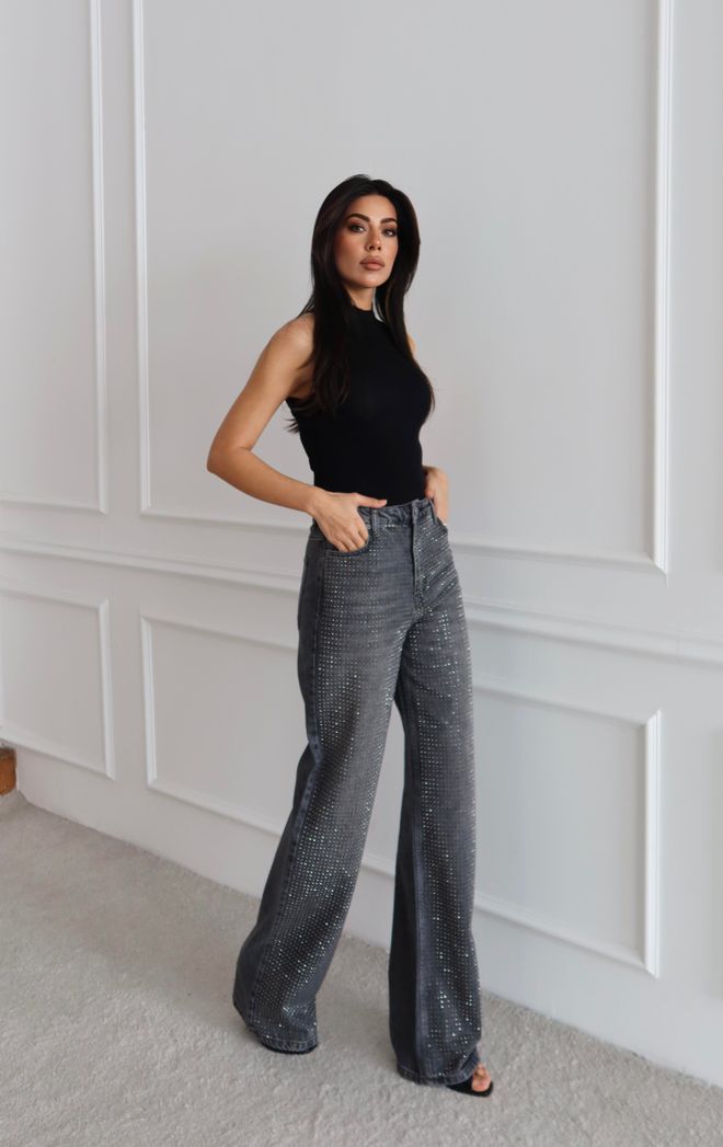LACARINO Black Sequined Wide Leg Mom Jeans High Waist Wholesale Clothing Sexy