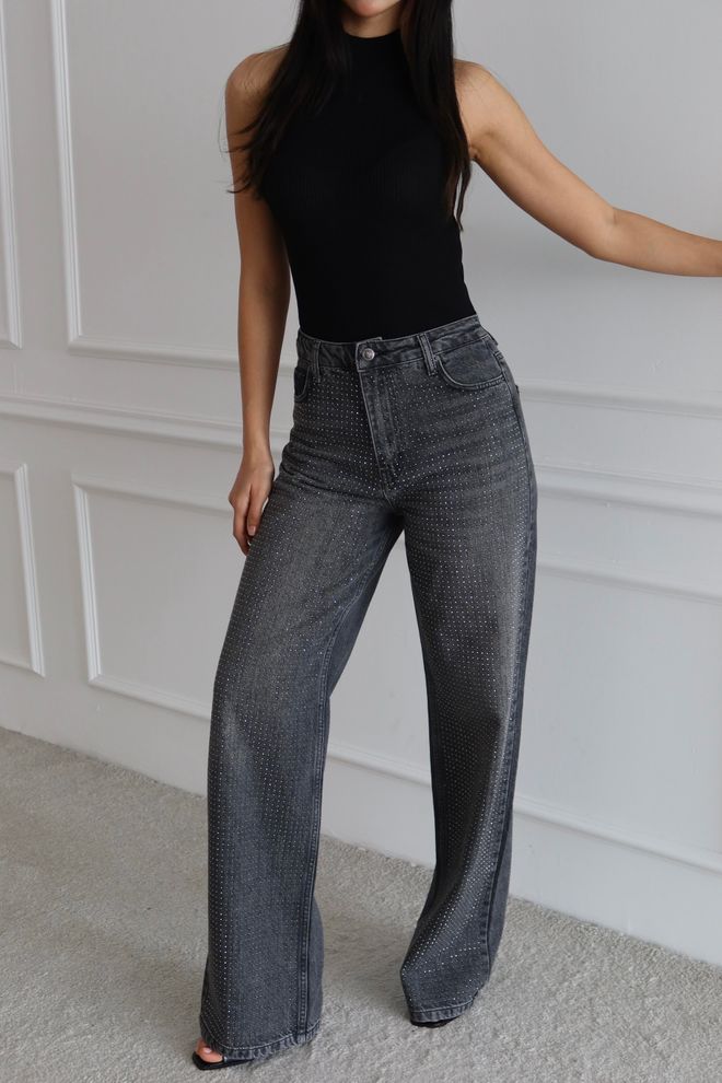 LACARINO Black Sequined Wide Leg Mom Jeans High Waist Wholesale Clothing Work