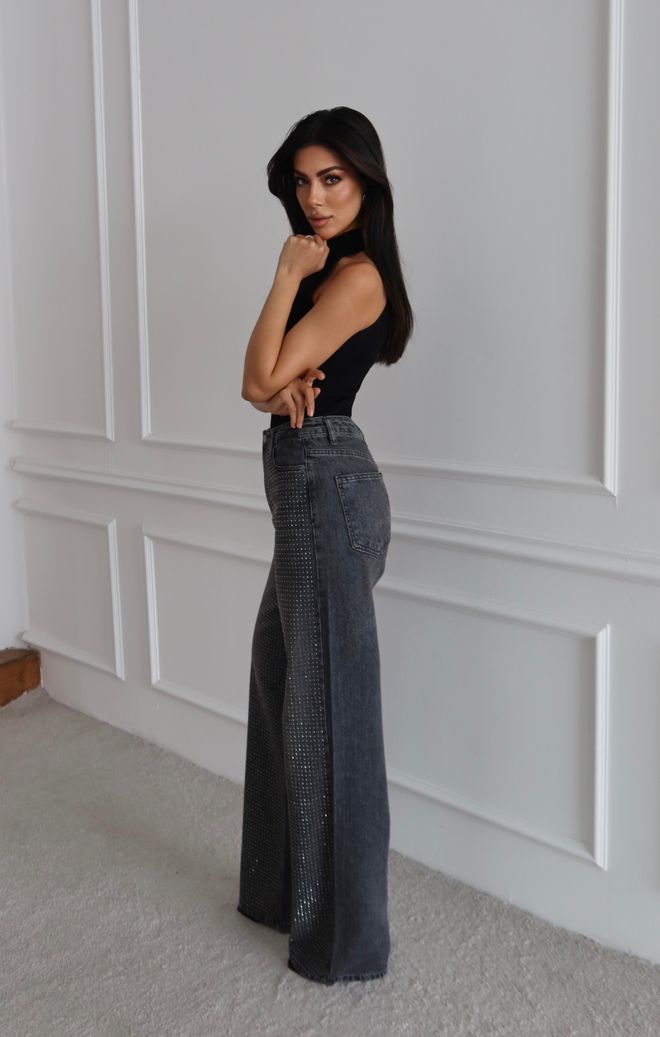 LACARINO Black Sequined Wide Leg Mom Jeans High Waist Wholesale Clothing 5