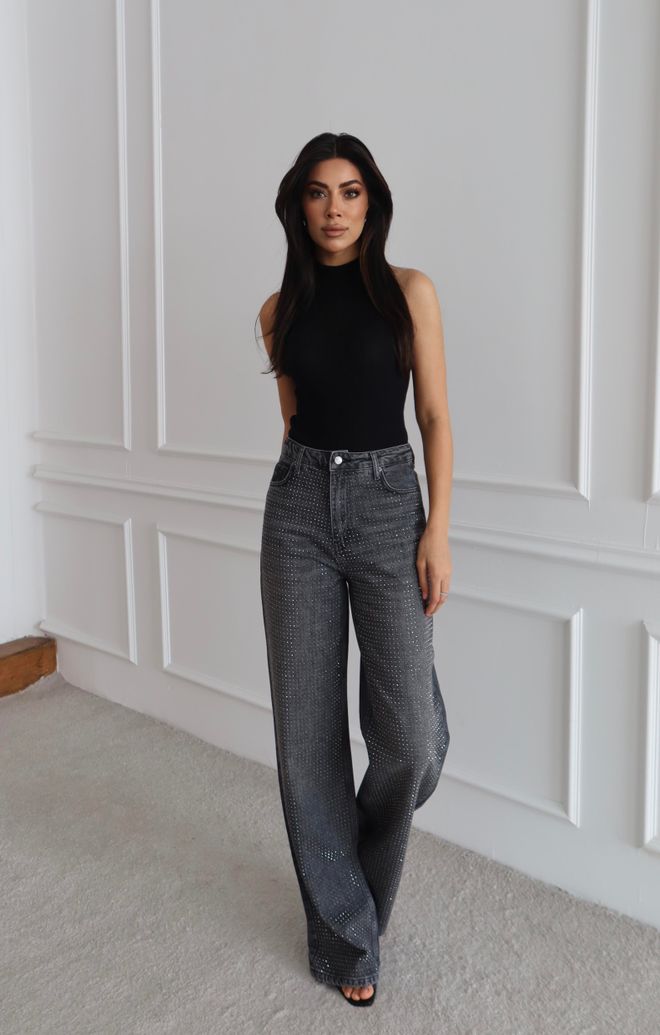 LACARINO Black Sequined Wide Leg Mom Jeans High Waist Wholesale Clothing Graduation