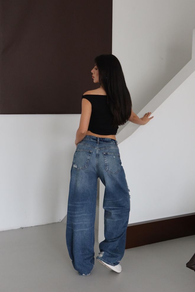 LACARINO Blauwe Spijkerbroek Met Hoge Taille En Wijde Pijpen Mom Pasvorm Groothandel Kleding 5