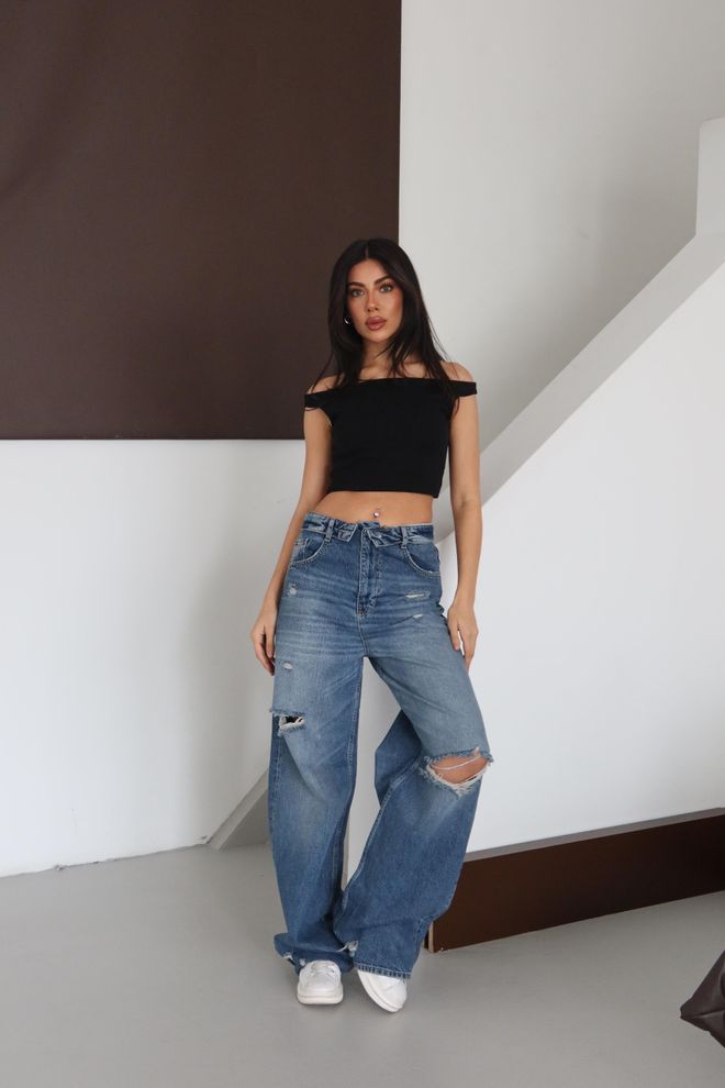 LACARINO Blauwe Spijkerbroek Met Hoge Taille En Wijde Pijpen Mom Pasvorm Groothandel Kleding Lente