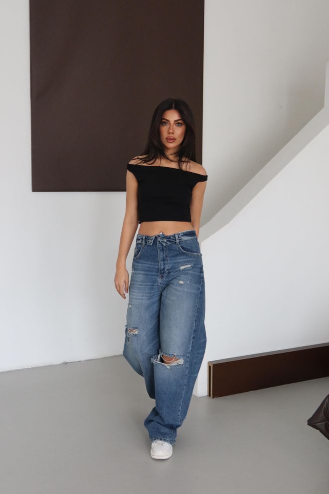 LACARINO Blauwe Spijkerbroek Met Hoge Taille En Wijde Pijpen Mom Pasvorm Groothandel Kleding Lounge