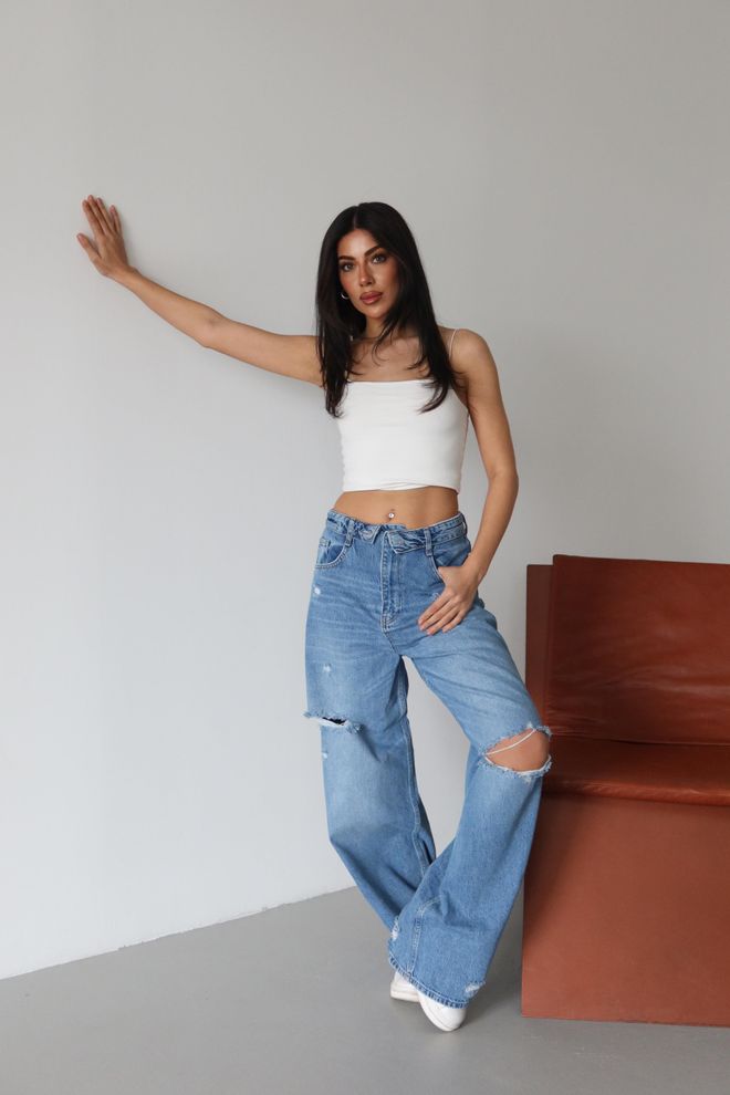 LACARINO Blauwe Mom Jeans Hoge Taille Wijde Pijp Geknoopt Groothandel Kleding 1