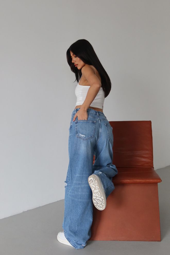 LACARINO Blauwe Mom Jeans Hoge Taille Wijde Pijp Geknoopt Groothandel Kleding 5