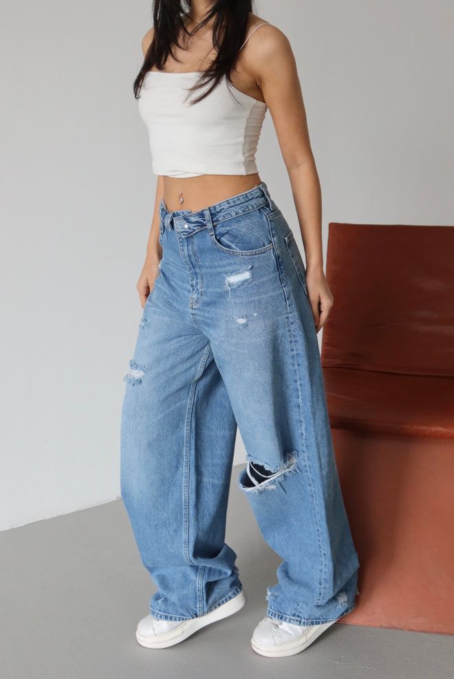 LACARINO Jeans Mom Blu Vita Alta Gamba Larga Abbottonato Abbigliamento all'ingrosso Casuale