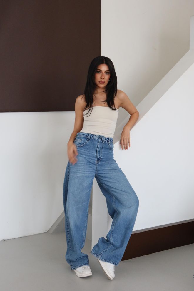 LACARINO Blauwe Spijkerbroek Mom Hoge Taille Wijde Pijp Lang Casual Groothandel Kleding Lounge