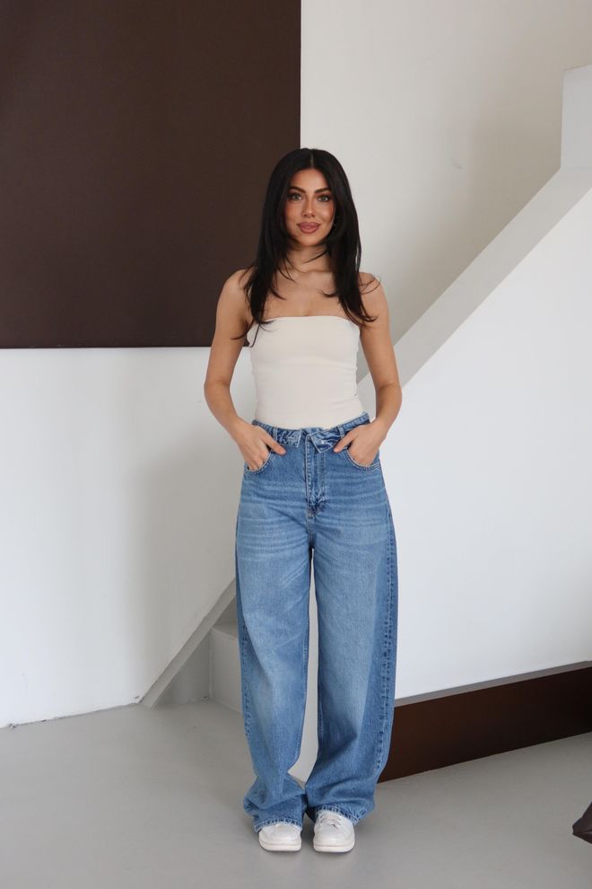 LACARINO Blauwe Spijkerbroek Mom Hoge Taille Wijde Pijp Lang Casual Groothandel Kleding Lente