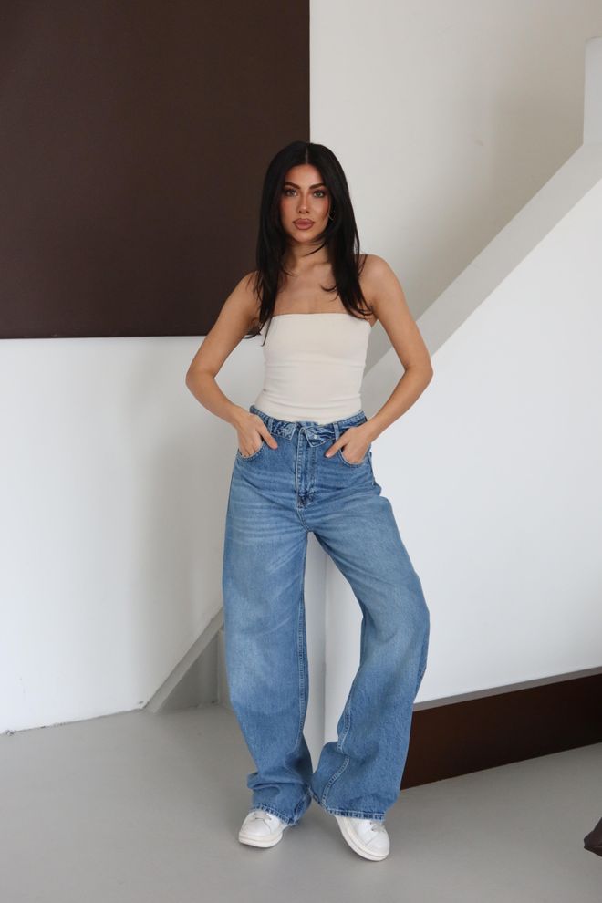 LACARINO Blauwe Spijkerbroek Mom Hoge Taille Wijde Pijp Lang Casual Groothandel Kleding 1