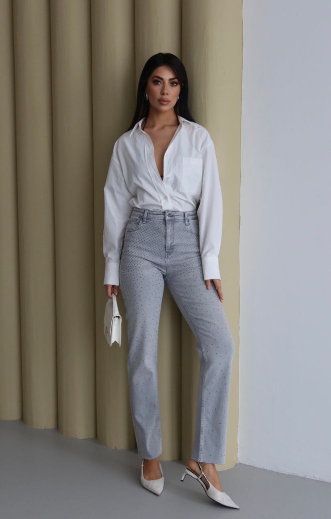 LACARINO Grey Polka Dot Mom Jeans With High Waist Wholesale Clothing Spring