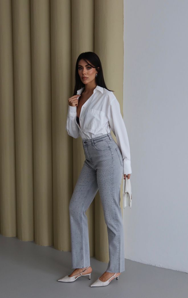 LACARINO Grey Polka Dot Mom Jeans With High Waist Wholesale Clothing Work