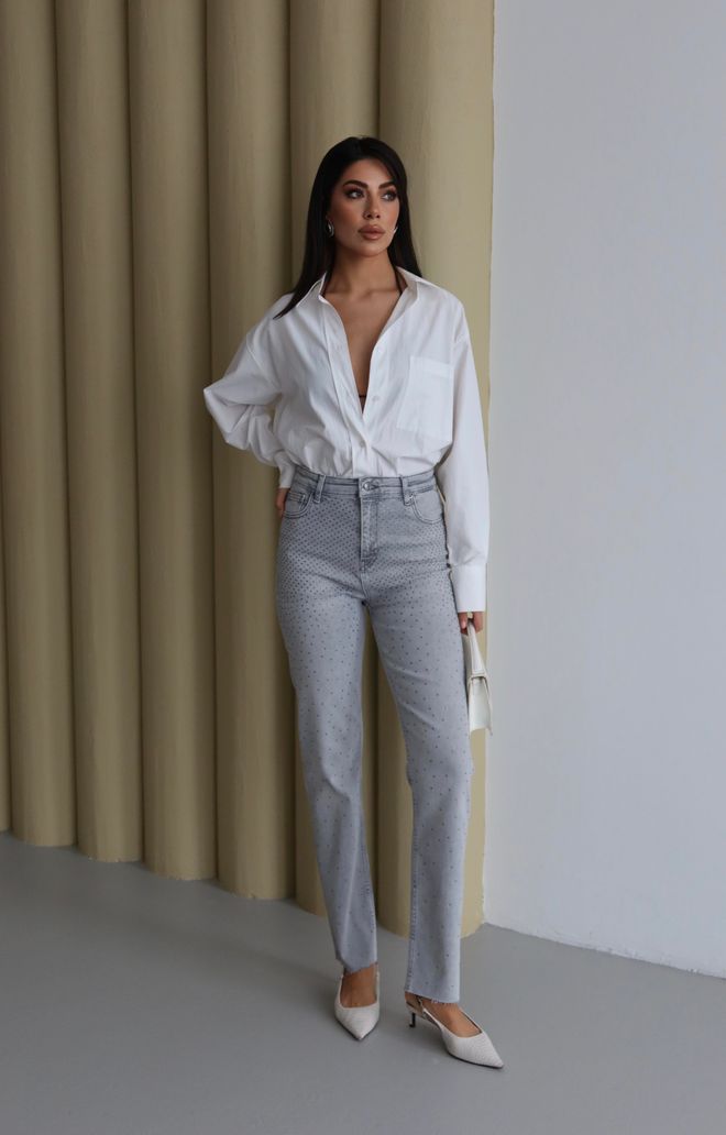 LACARINO Grey Polka Dot Mom Jeans With High Waist Wholesale Clothing 1