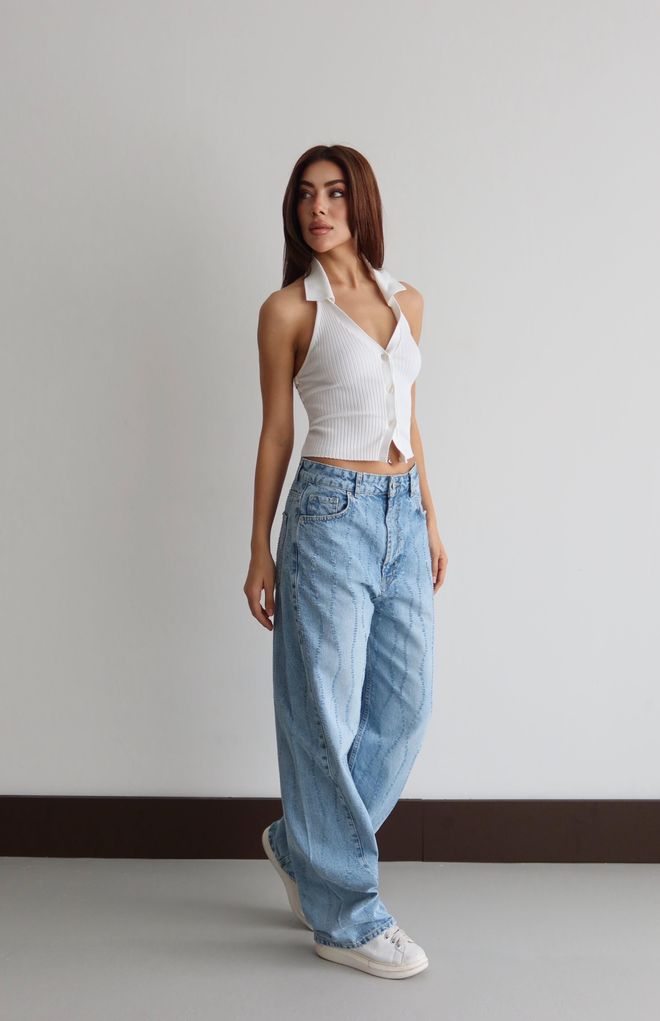 LACARINO Blau Mom Jeans Mit Hoher Taille & Weitem Bein Großhandelskleidung Frühling