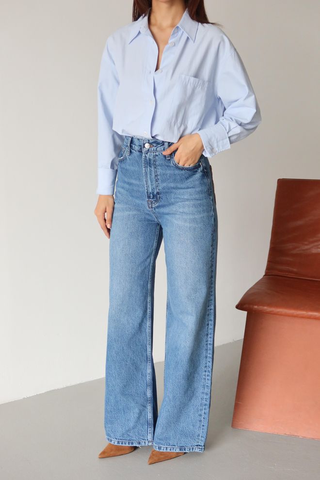 LACARINO Vaqueros Mom Azules Con Cintura Alta Y Pierna Acampanada Ropa al por mayor Casual