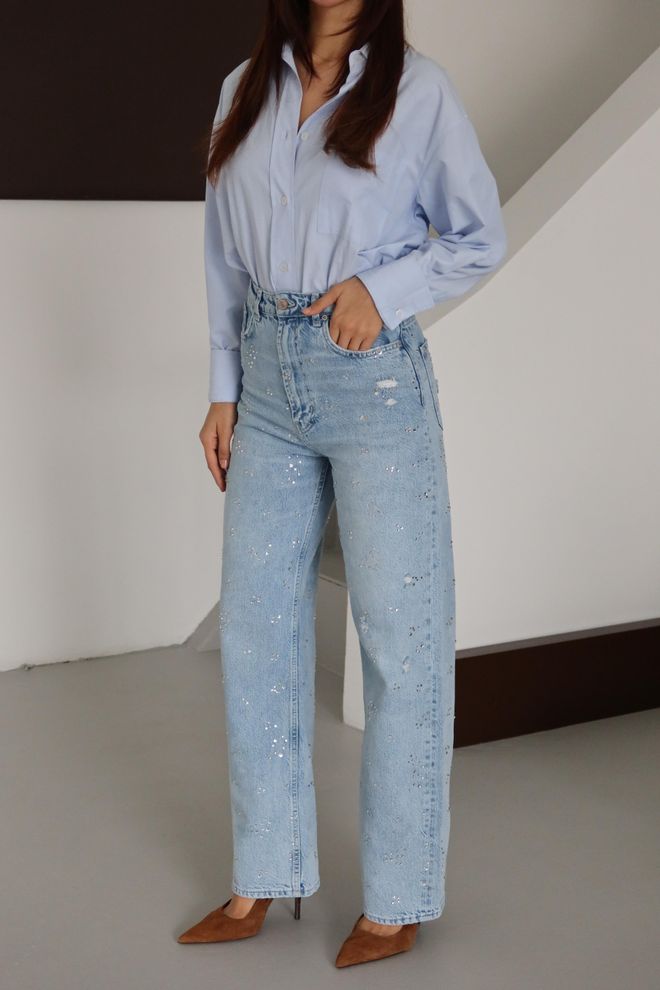 LACARINO Vaqueros Azul Glam Casual Mamá Con Lentejuelas Ropa al por mayor Casual