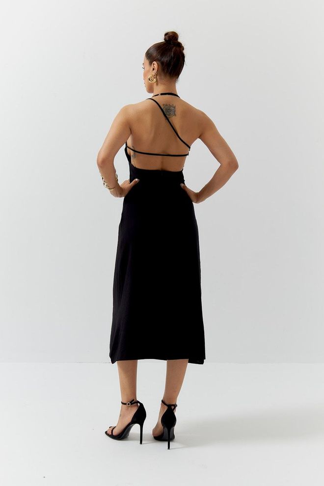 Ilia فستان متوسط الطول بسيور مع فتحة رقبة خلفية أسود ملابس بالجملة عيد ميلاد