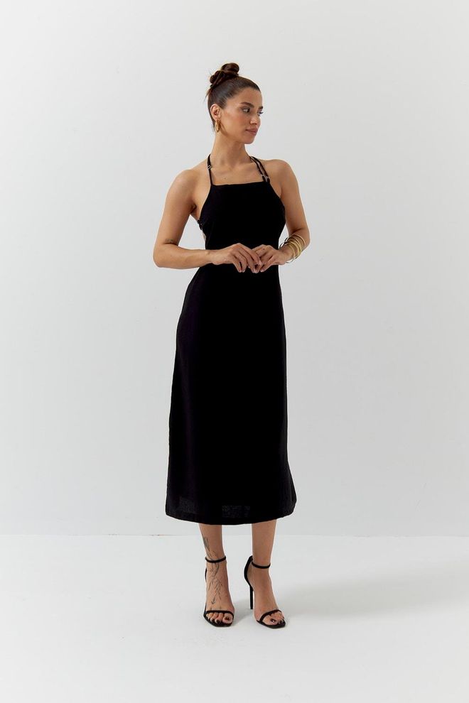 Ilia فستان متوسط الطول بسيور مع فتحة رقبة خلفية أسود ملابس بالجملة قطن