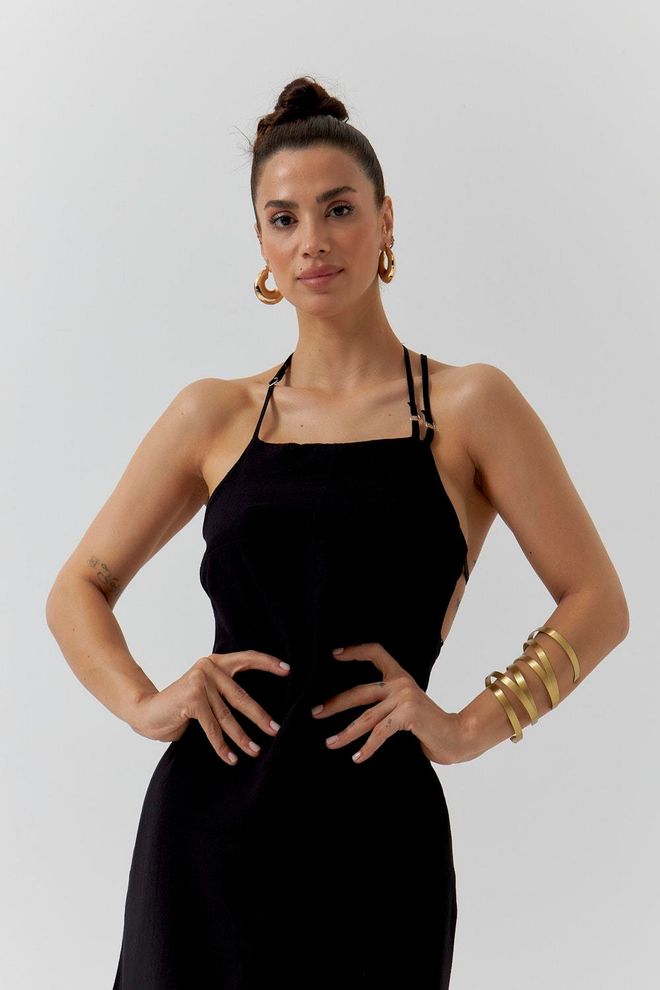 Ilia فستان متوسط الطول بسيور مع فتحة رقبة خلفية أسود ملابس بالجملة صيف