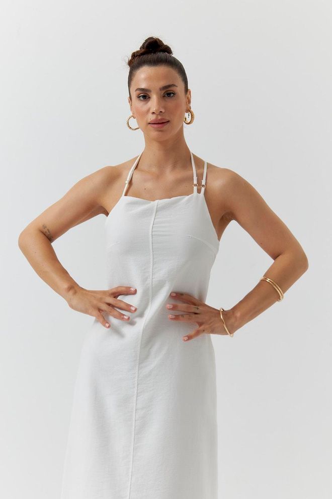 Ilia فستان متوسط الطول بسيور مع فتحة رقبة خلفية أبيض ملابس بالجملة قطن
