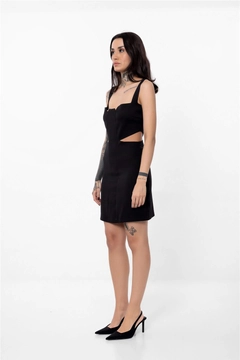 A wholesale clothing model wears lfn11436-mini-dress-black, Turkish wholesale Dress of Lefon