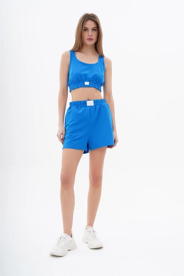 Ένα μοντέλο χονδρικής πώλησης ρούχων φοράει  Τζέρσεϊ Αμάνικο Crop Top Με Ελαστικό Σορτς - Indigo
, τούρκικο Ταγέρ χονδρικής πώλησης από Lefon
