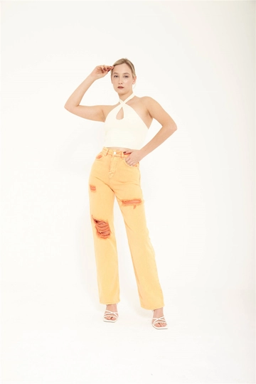 Hurtowa modelka nosi  Spodnie Z Dziurami I Kieszeniami - Pomarańczowe
, turecka hurtownia Spodnie firmy Lefon