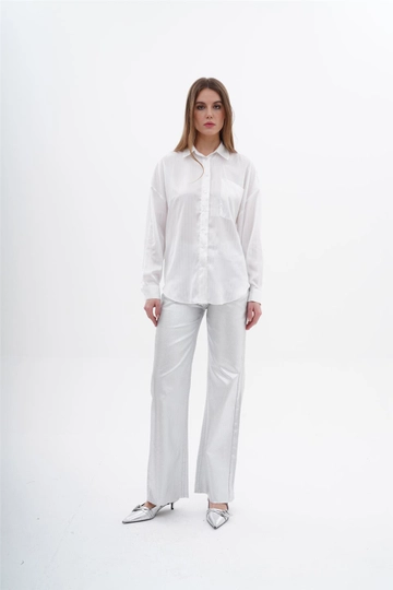 Модел на дрехи на едро носи  Метален Панталон С Висока Талия - Сребрист
, турски едро Панталони на Lefon