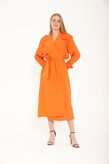 A wholesale clothing model wears  Trench Coat - Orange
, Turkish wholesale Trenchcoat of Lefon