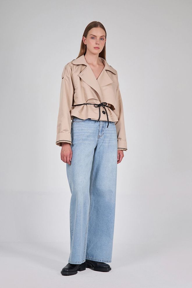 Ilia Leather Belt Detailed Short Raincoat Coat Wholesale Clothing Polyester