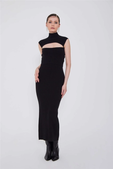 A wholesale clothing model wears  Turtleneck Rıbbed Knıt Dress Wıth Cut Out Deep Ink Black - Siyah
, Turkish wholesale Dress of Lefon