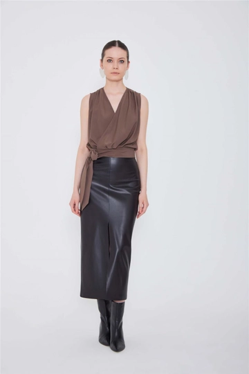 A wholesale clothing model wears  Gathered Sleeveless Wrap Blouse - Brown
, Turkish wholesale Blouse of Lefon