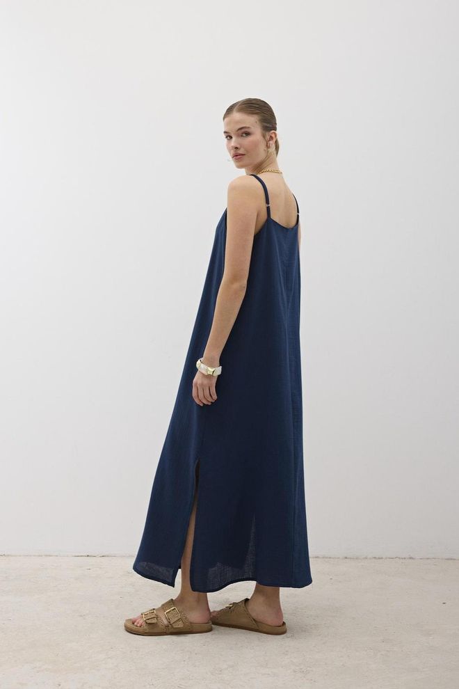 Levure Weitenverstellbares Müslinkleid In Übergröße Marineblau Großhandelskleidung Sommer