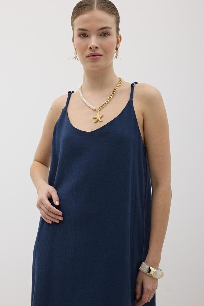 Levure Weitenverstellbares Müslinkleid In Übergröße Marineblau Großhandelskleidung Kein Stoff